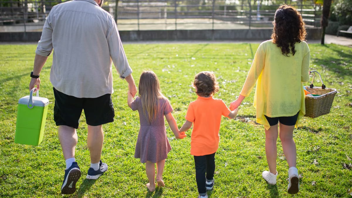 A family of four walking hand in hand through a sunny park carrying picnic supplies.